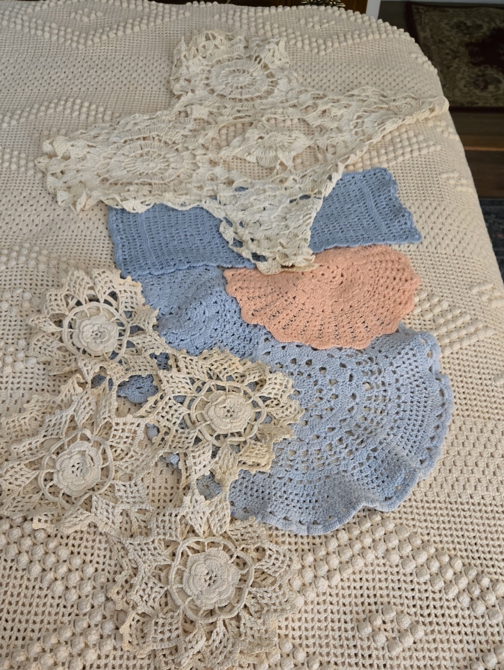 Handmade Crocheted Doilies Set in Cream, Blue & Peach